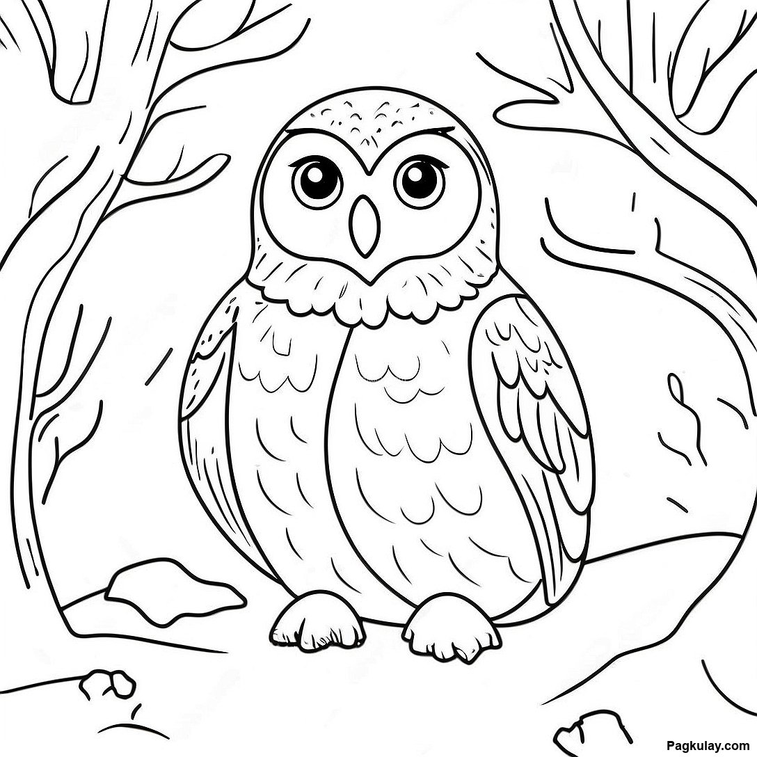 Free printable Kaakit-Akit Na Snowy Owl Sa Taglamig Coloring Page coloring page from the Mga Hayop collection — black-and-white outline drawing for kids and adults.