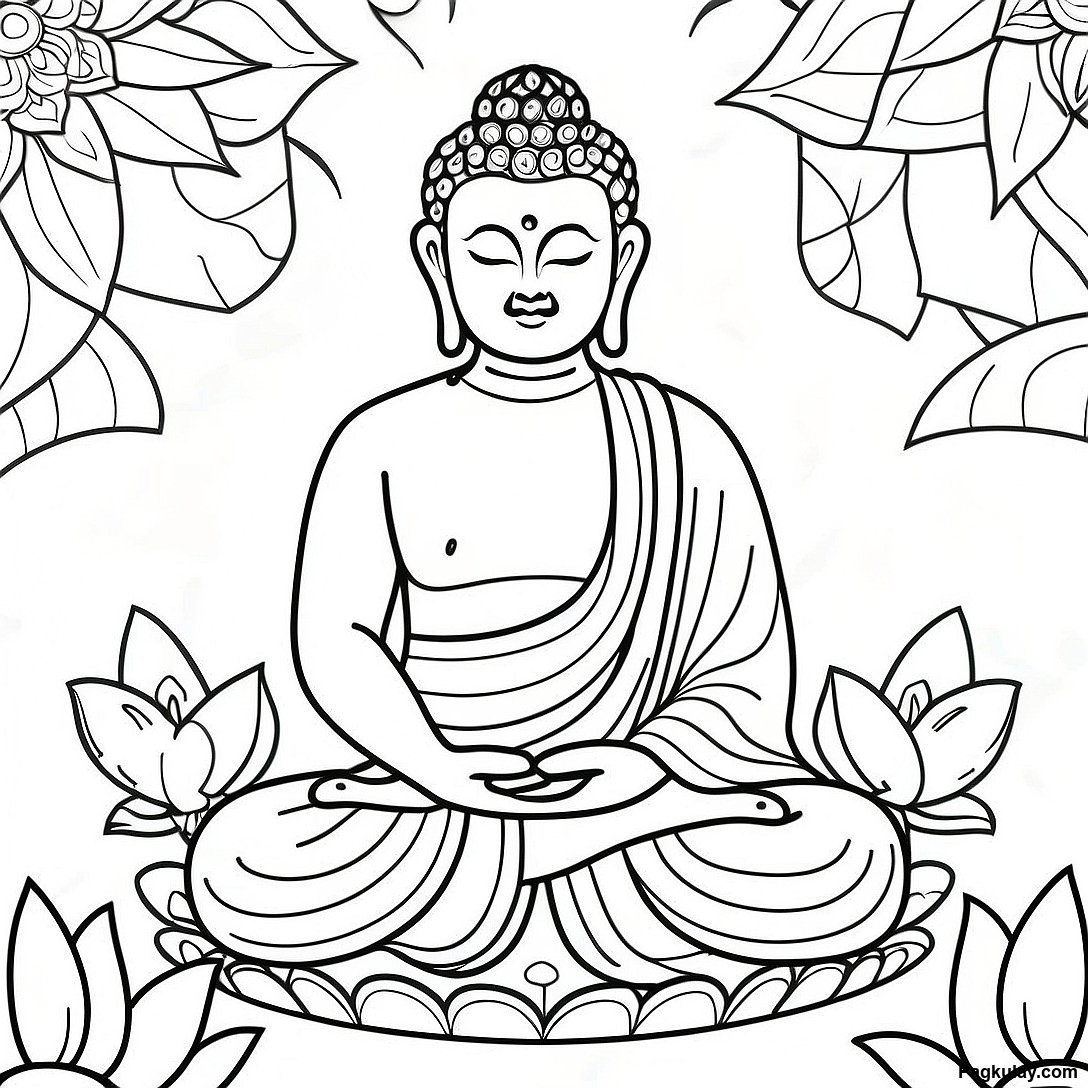 Pahina Ng Kulay Ng Buddha Na Napapaligiran Ng Mga Bulaklak Ng Lotus 113218 49307
