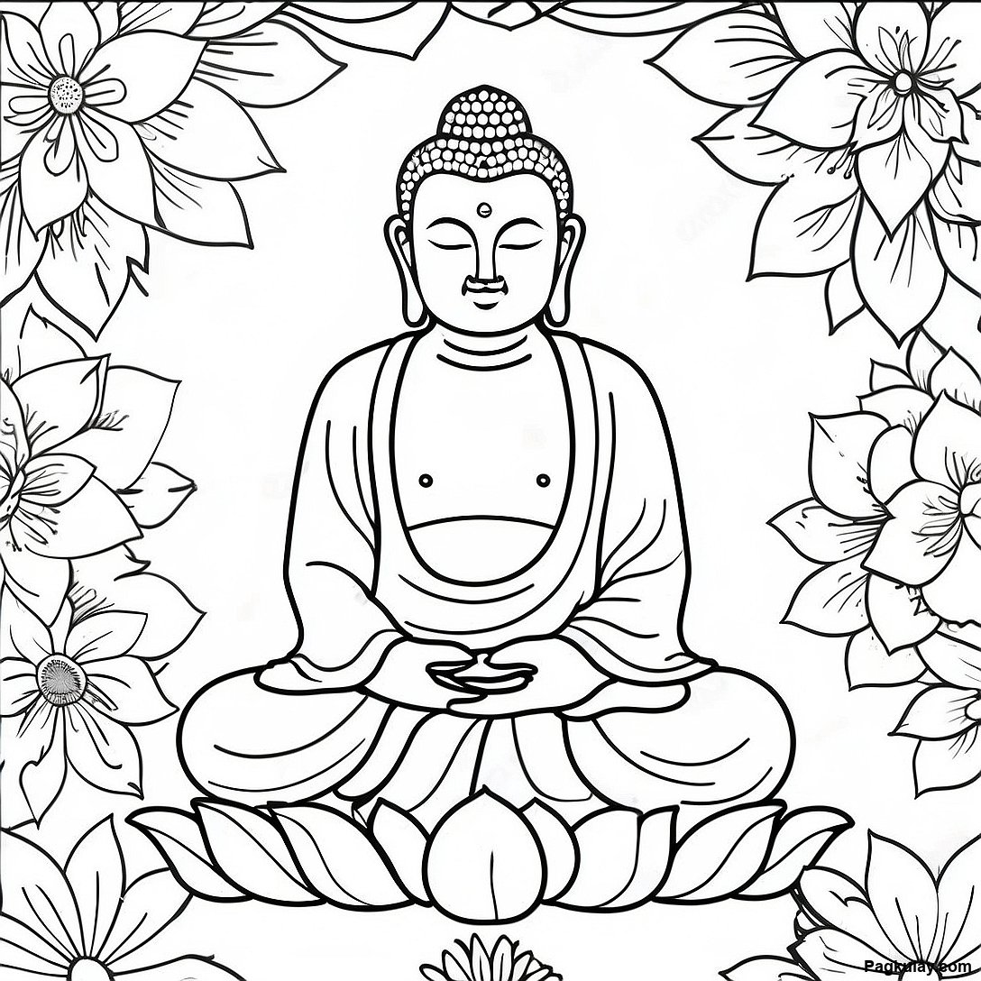 Pahina Ng Kulay Ng Buddha Na Napapaligiran Ng Mga Bulaklak Ng Lotus 113218 49308