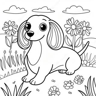 Pahina Ng Kulay Ng Mahabang Buhok Na Dachshund Sa Larangan Ng Bulaklak 79358-21554