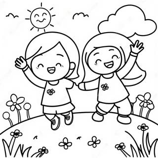 Masayang Mga Bata Na Naglalaro Sa Tagsibol Pahina Ng Kulay 99294-37949